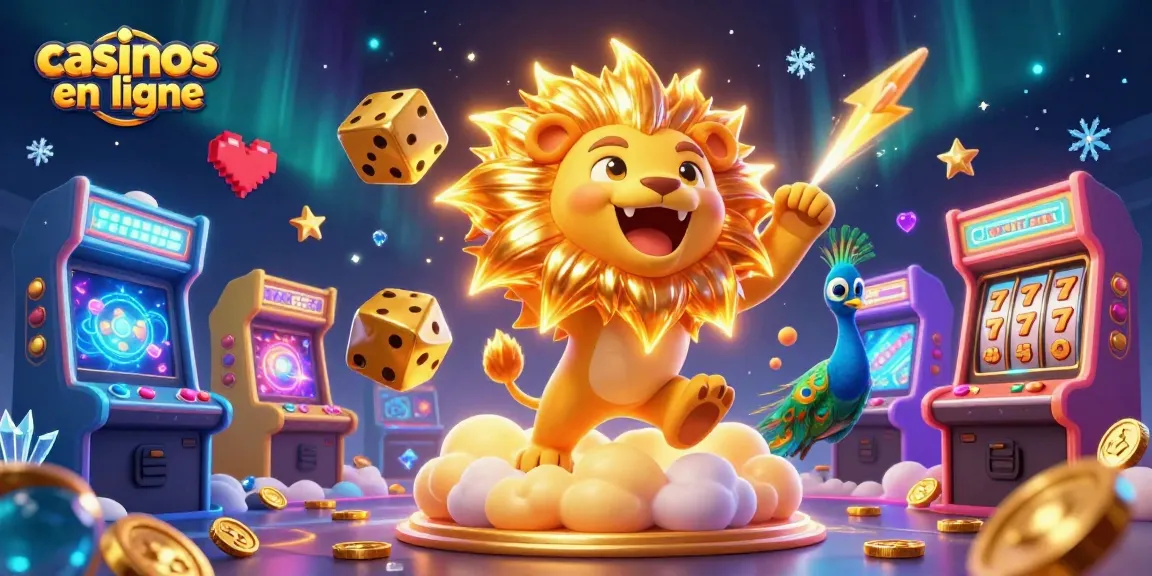 Casinos en ligne : illustration dynamique d'un lion sur un nuage doré avec des symboles de machines à sous.