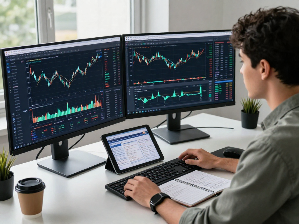 Trader analyzing charts on MetaTrader 5 platform in a modern office environment, showcasing market strategies.