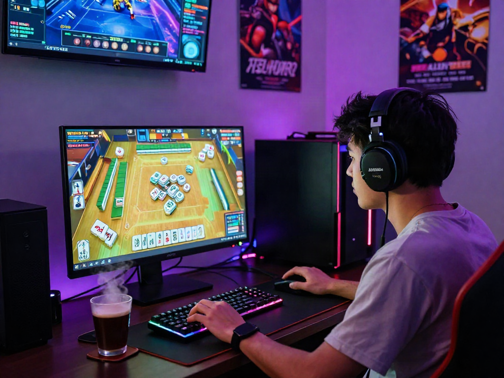 Engaged player competing in MahjongJP88 dan permainan online, showcasing a vibrant gaming setup with colorful tiles and immersive environment.