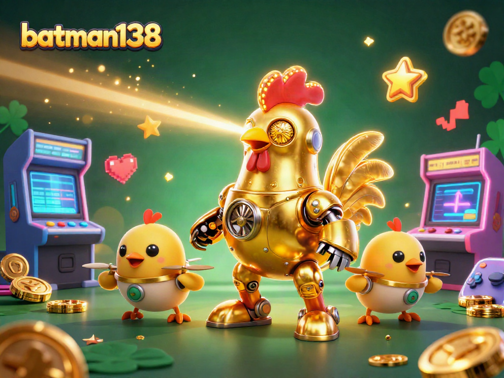 batman138 menampilkan robot ayam emas futuristik dalam suasana kasino digital penuh permainan 3D.