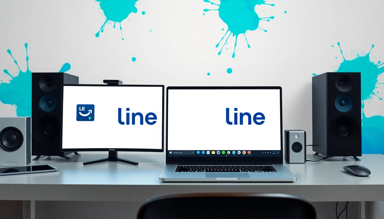 操作 line電腦版 的電腦和現代工作空間，呈現數字設備整合。