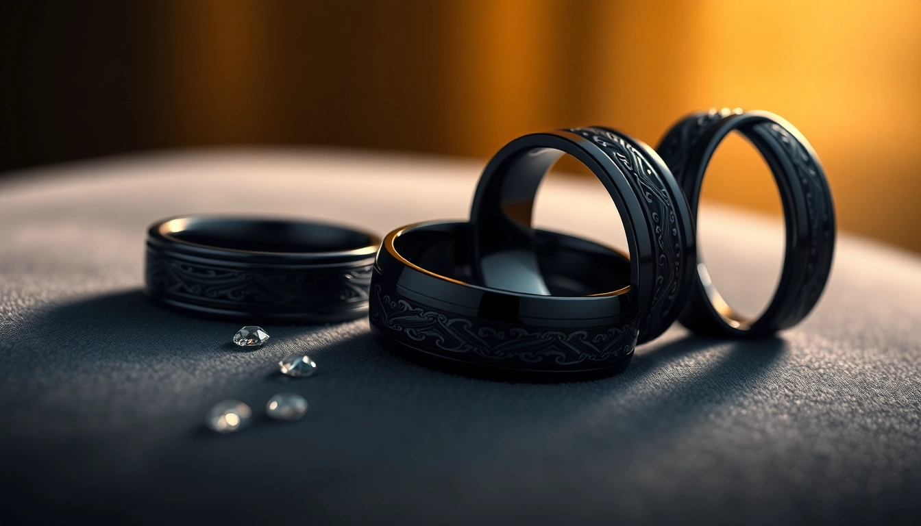 Showcase of Black Zirconium Rings highlighting intricate designs and textures on a velvet surface.