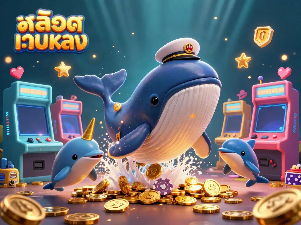 Experience สล็อตเว็บตรง action with a whimsical cartoon scene of a whale and dolphins amidst a treasure of coins.