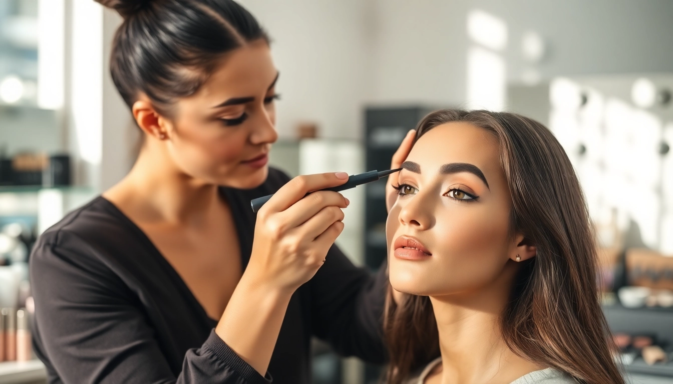 Makeup artist applying a brow pen to enhance eyebrows in a bright studio setting.