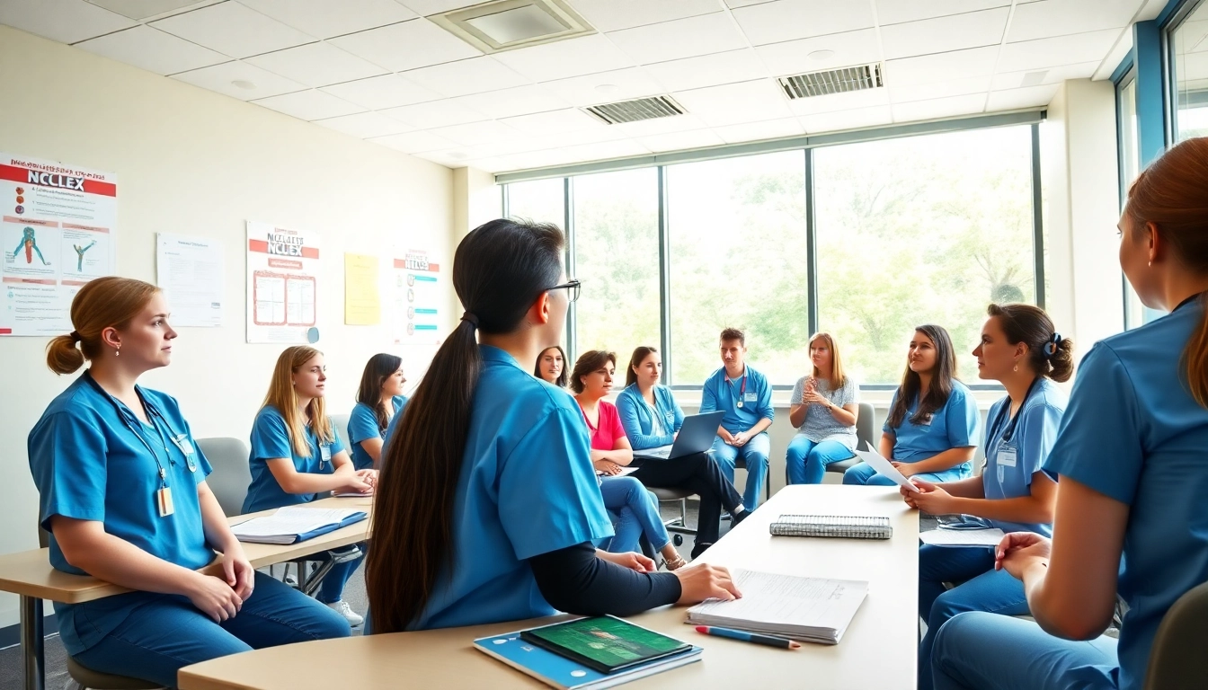 Engaged students in an in person Nclex review in Houston focus on exams in a bright classroom.