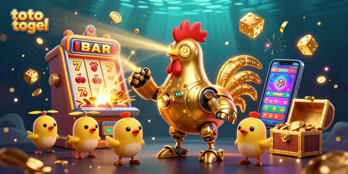 Engage in toto togel excitement with a retro-futuristic golden rooster robot in a vibrant casino scene.