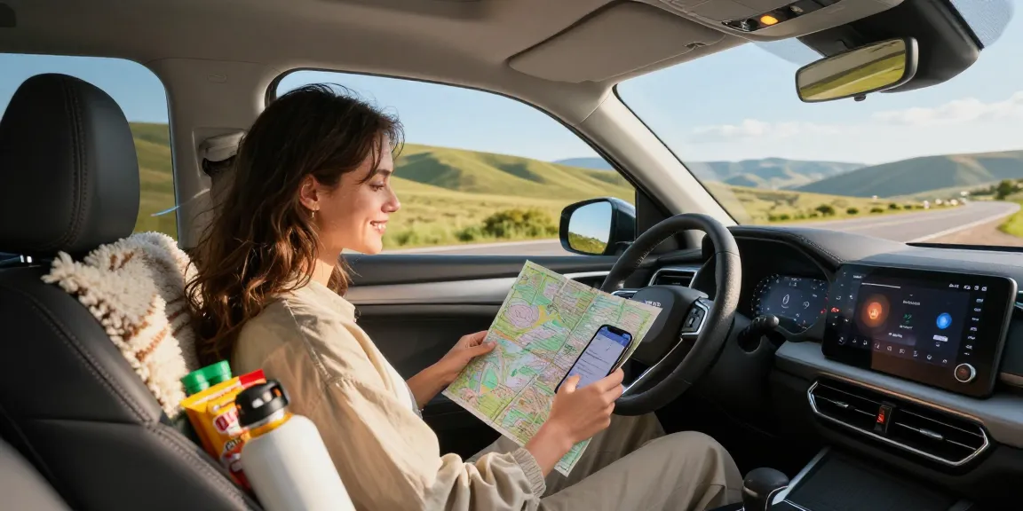 Couple on a road trip in an SUV exploring new destinations with NAGA2000 navigation app support.