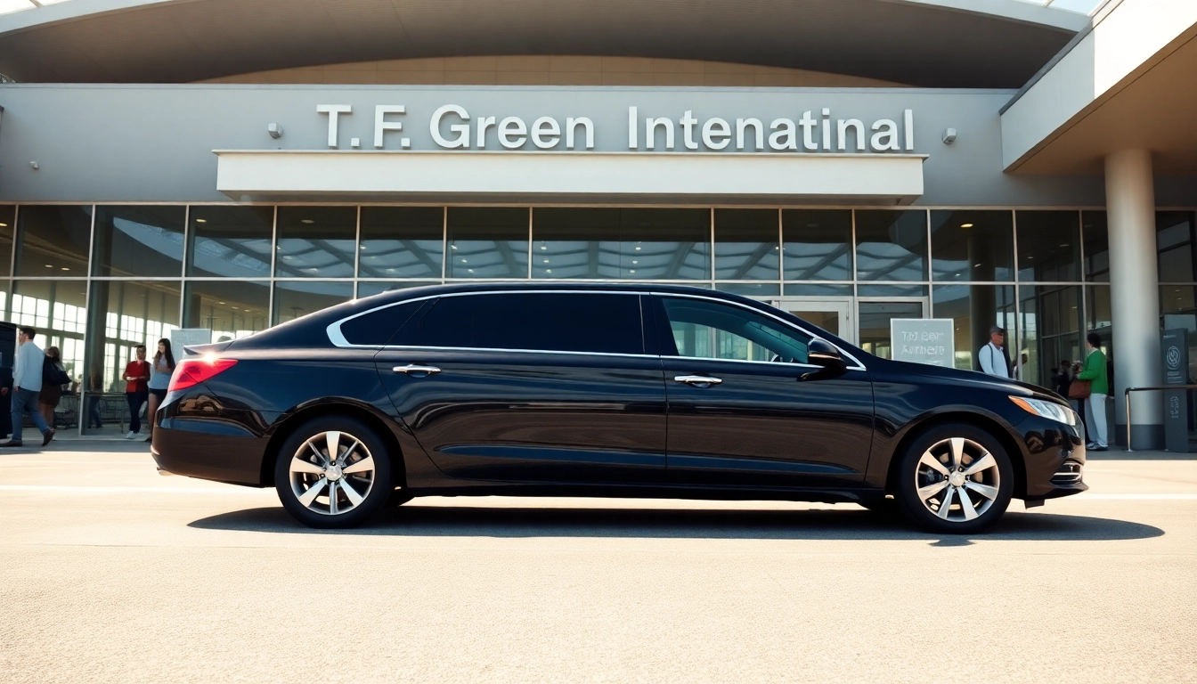 Experience luxury with our airport limo service TF Green, featuring a sleek sedan at T.F. Green International Airport.