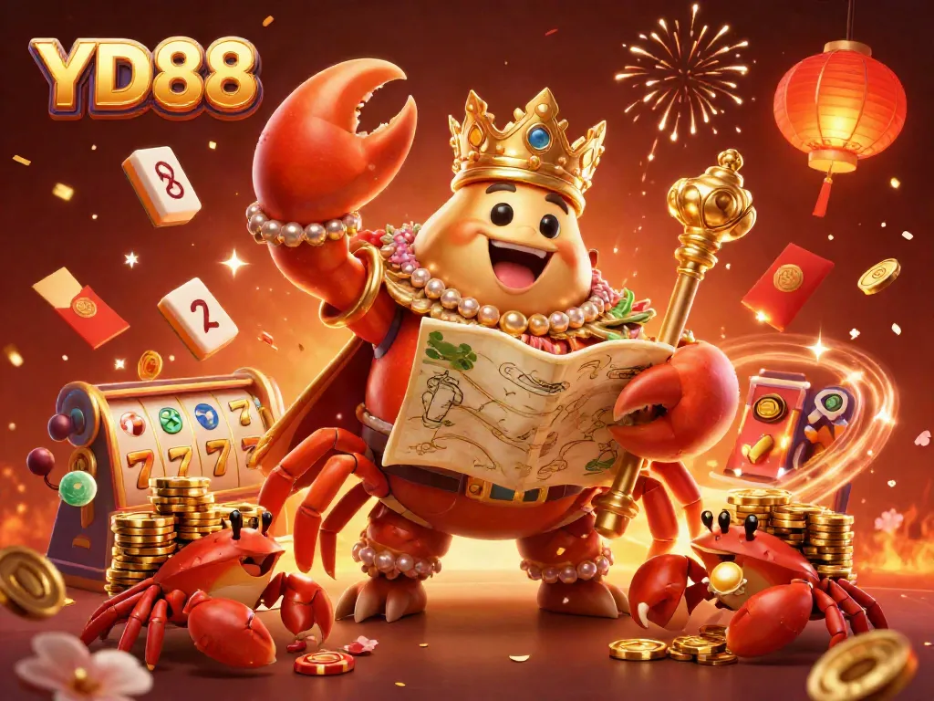 YD88 enjoys high-paying slot games with golden crab emperor, vibrant fireworks, and luxurious casino elements.