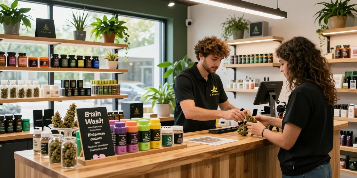 Alien Labs Brain Wash cannabis display in a vibrant retail space with budtender assisting customer.