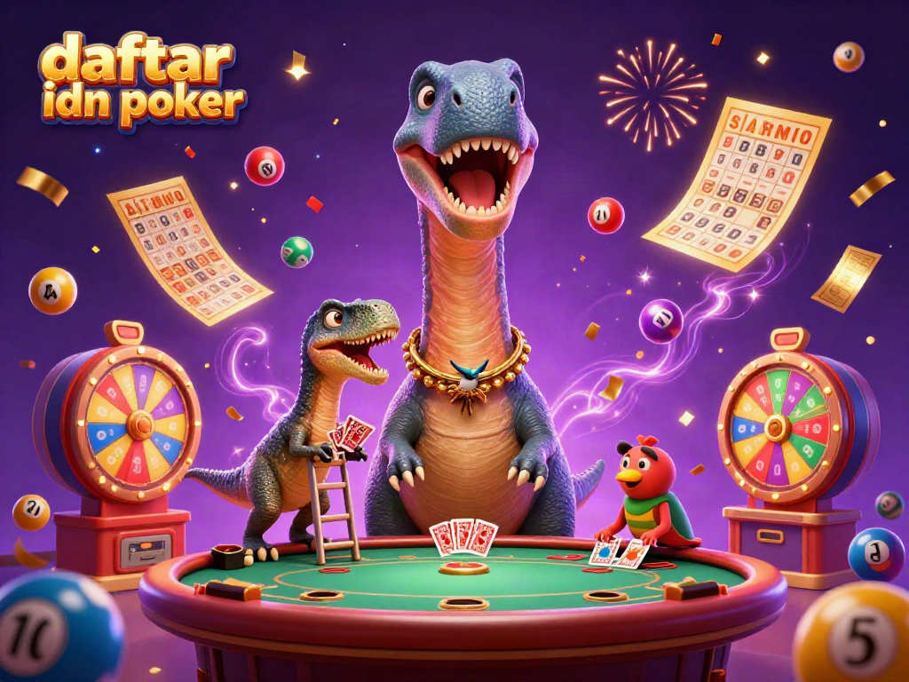 Engage in daftar idn poker with a whimsical 3D scene of a giant brontosaurus overseeing a poker game, vibrant elements flaring all around.
