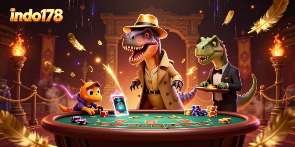 indo178 players winning at a blackjack table while cartoon velociraptor counters chips in a lively casino scene